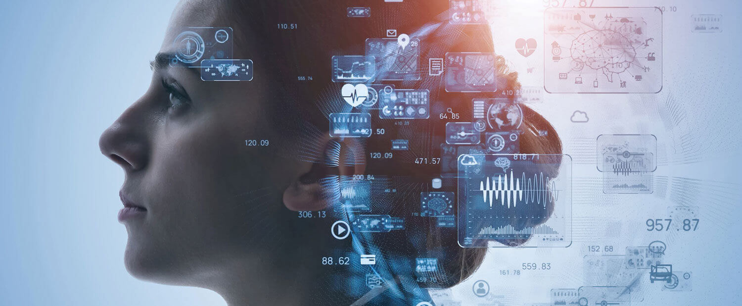 woman's side profile and various screen scan images next to her head