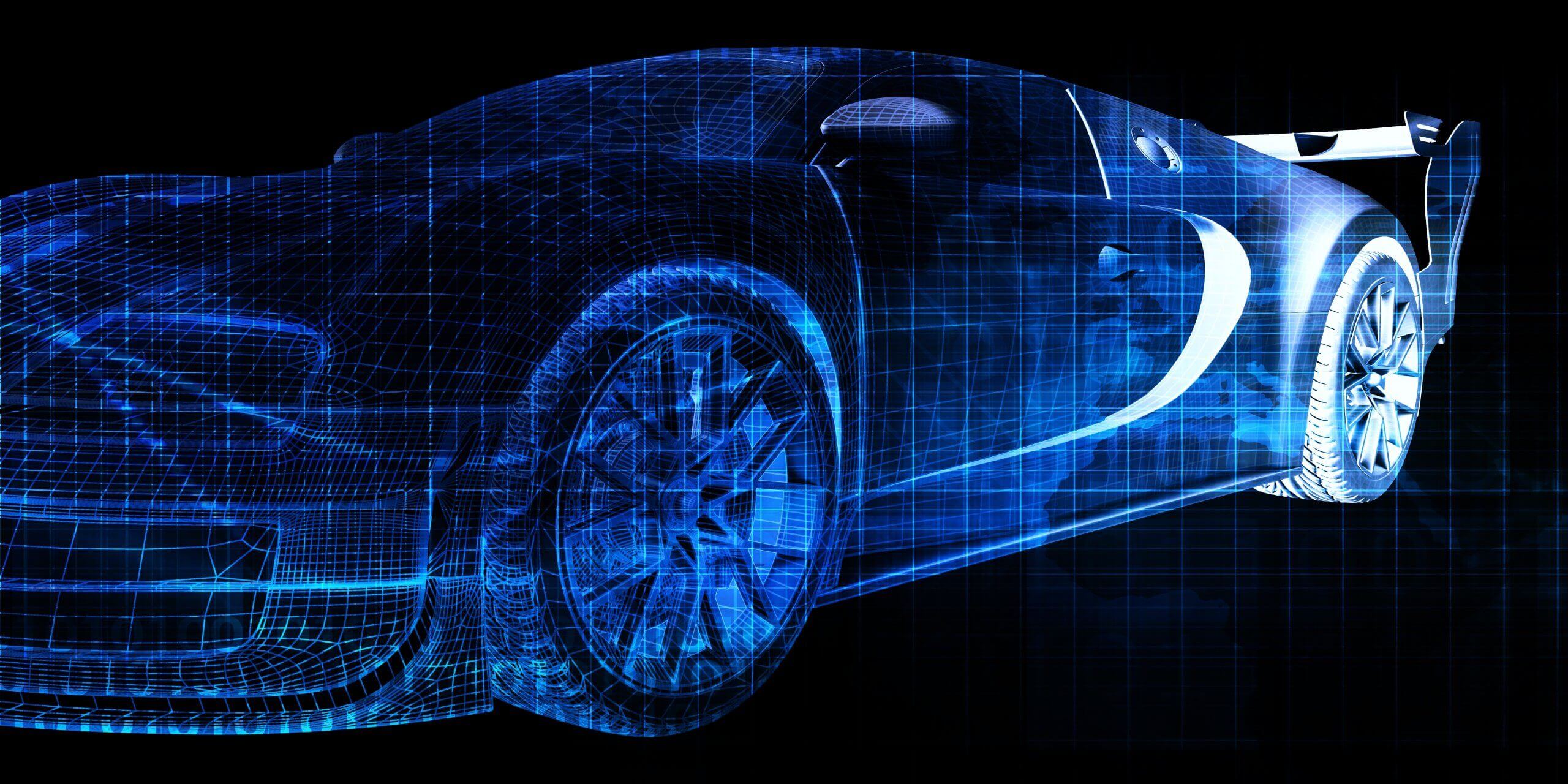 Digital rendering of a sports car in blue wireframe style, viewed from the front left angle, with glowing lines and grid patterns on a dark background, showcasing a futuristic automotive design.