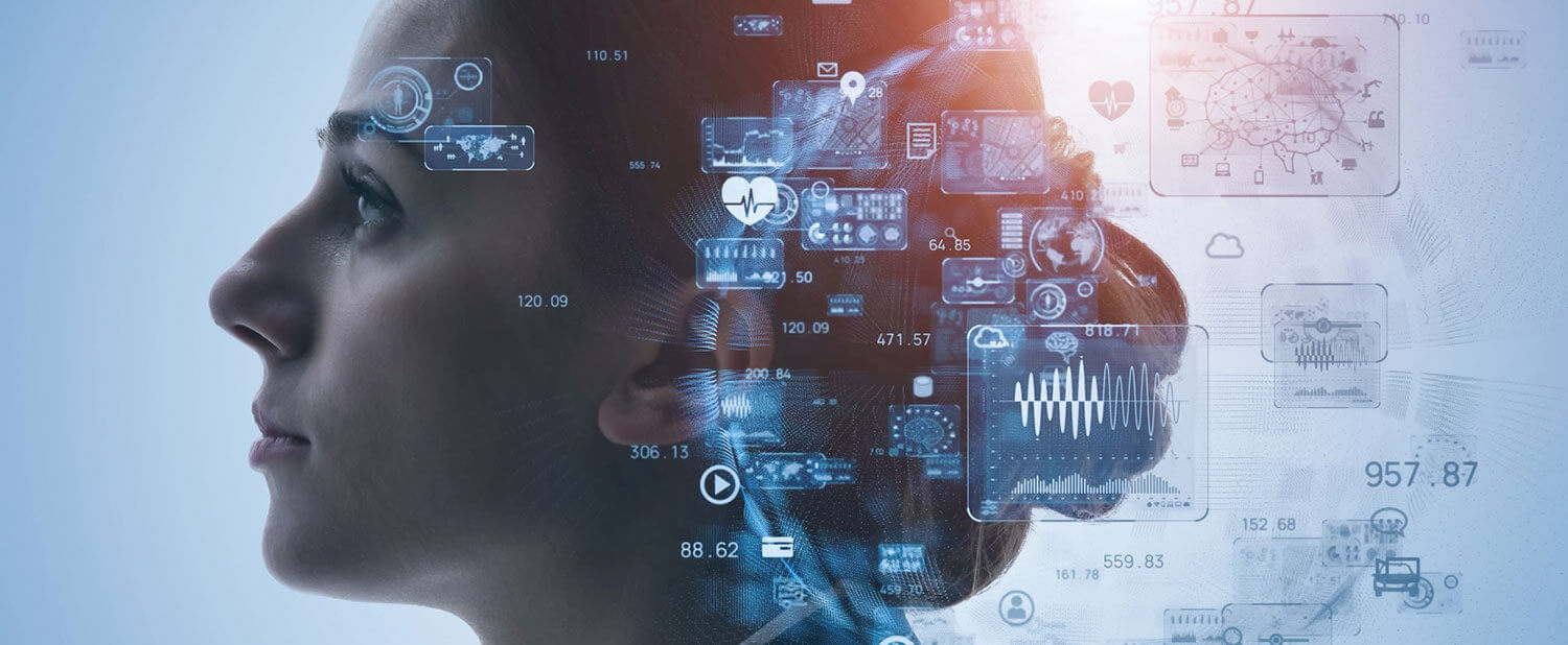 woman's side profile and various screen scan images next to her head