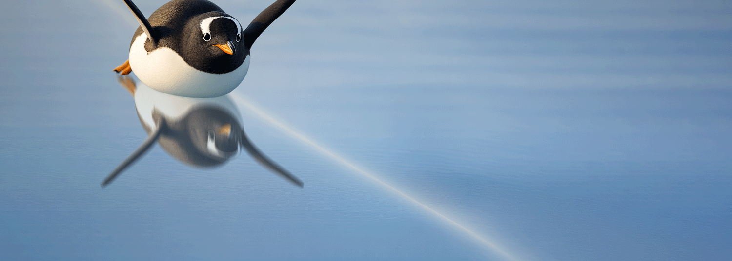 A penguin slides belly-first across smooth, reflective ice with its flippers outstretched, creating a clear reflection in the shiny surface.